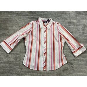 Cotton Express Top Womens XL Multicolor Striped Button Up Stretch 3/4 Sleeve